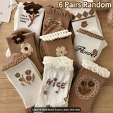 6 Pairs (Random), Women'S Spring/Autumn/Winter Stockings, Trendy And Versatile High-Value Stockings, Brown Lace Mid-Length Floral Stockings, Multiple Styles Available