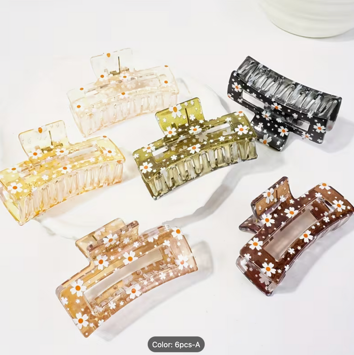 6pcs Transparent Floral Medium Rectangle Hair Clip Set, Daisy Flower Non-Slip Strong Hold, Suitable for Women, Elegant Oval Shape Accessory, Suitable for Fine and Thick Hair, Solid Color Plastic Hair Clips