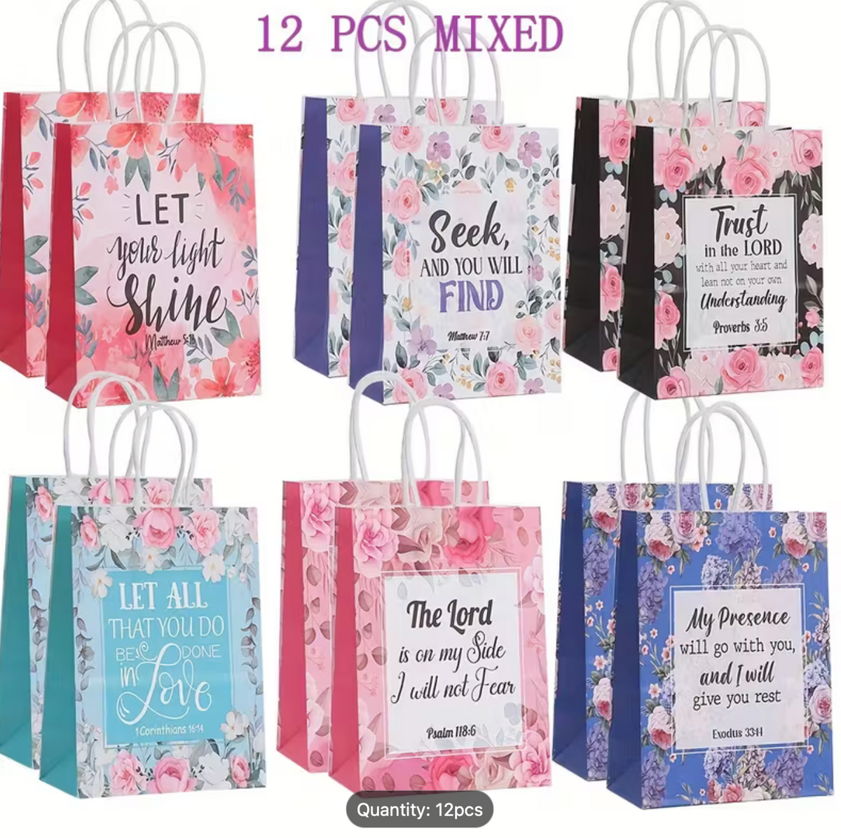 daysBible Verse Flower Gift Bag with Handles Religious Reusable Gift Bags Bulk Christian Baptism Tote Bags paper Gift Bags for Women Wedding Birthday Gift Wrapping Bags
