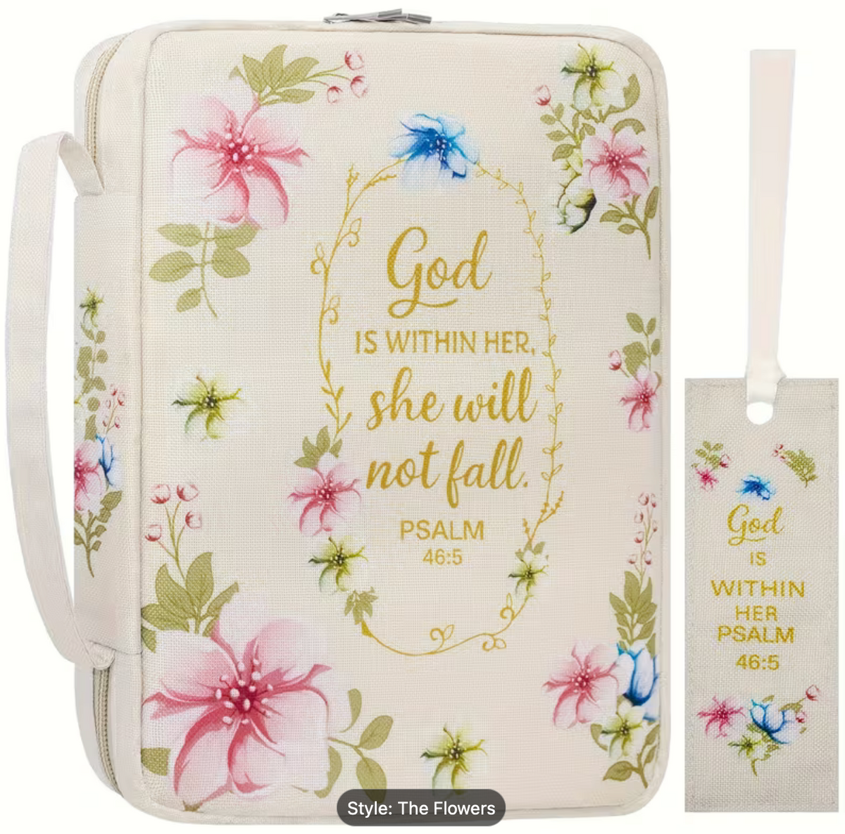 Floral Bible Cover for Women with Zipper And Handle, Large Capacity Scripture Case with Pen Holders And Pockets, Christian Gift for Ladies, Inspirational Book Bag, Travel Church Organizer Tote
