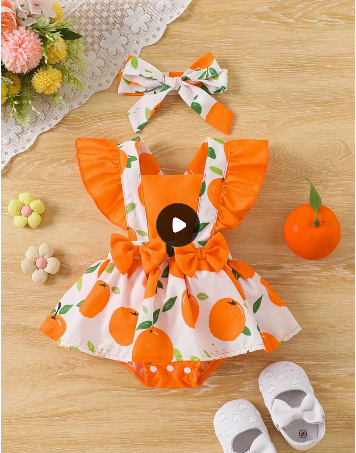 Girls' Summer Cute Orange Print Ruffled Bow-Adorned Jumpsuit Dress,