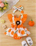 Girls' Summer Cute Orange Print Ruffled Bow-Adorned Jumpsuit Dress,