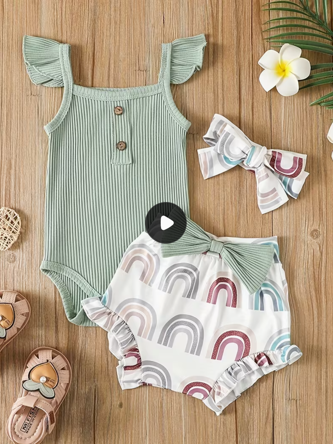 Girl'S Summer Ribbed Suspender Romper + Rainbow Print Pants Headband Three-Piece Set