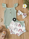 Girl'S Summer Ribbed Suspender Romper + Rainbow Print Pants Headband Three-Piece Set