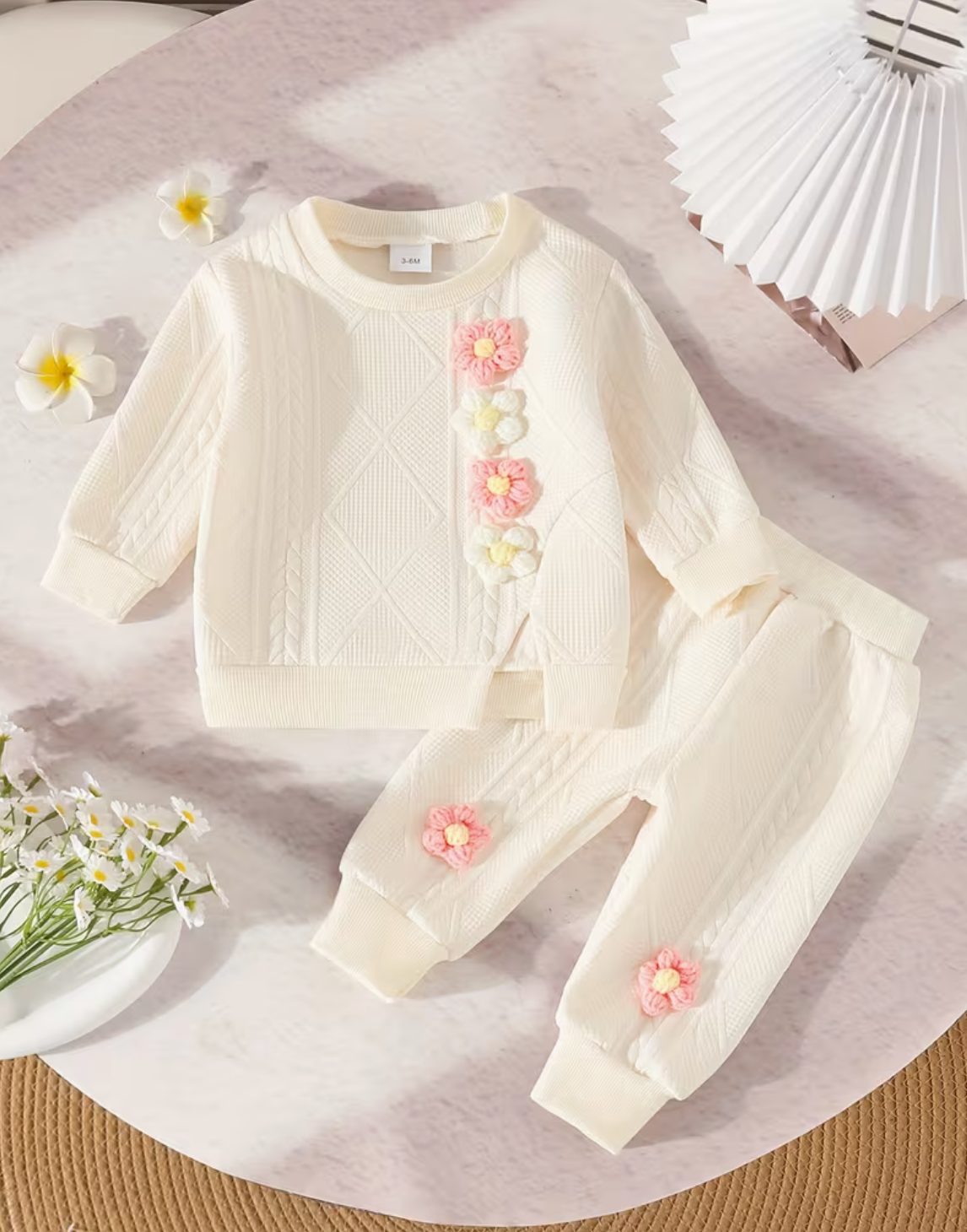 Stylish Baby Girl Long Sleeve Pants Three-Dimensional Flower Sweatshirt Set