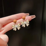 1Pair Elegant Polka Dot Faux Pearl Bow Drop Earrings for Women