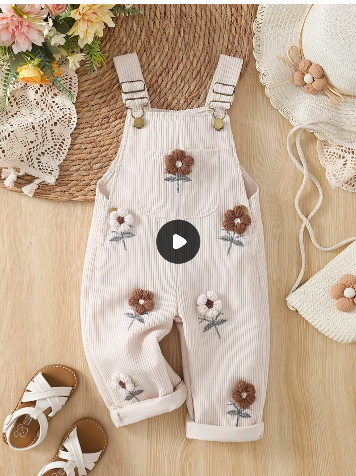 Baby Corduroy Overalls, 3D Towel Embroidered Flower Baby Wide Jumpsuit