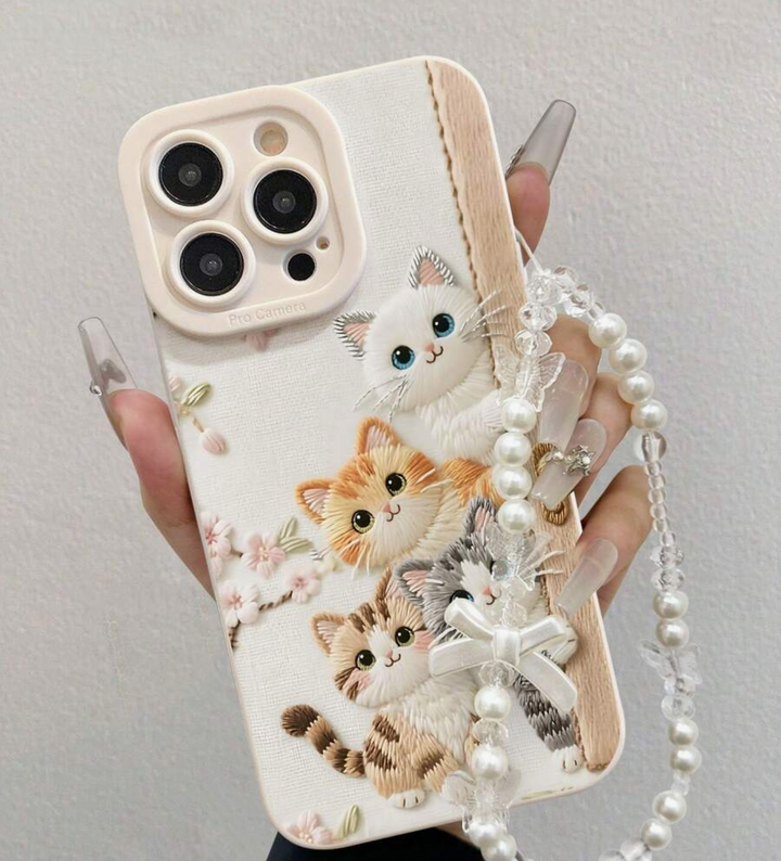 Cute Cat Print Beige Wristband, Creative Anti-Drop Phone Case Compatible With IPhone