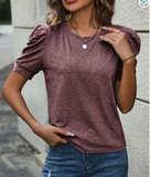 Tropvida Women Casual Round Neck Puff Sleeve T-Shirt