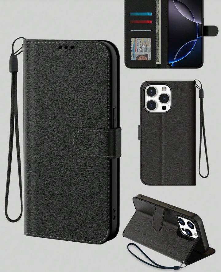 Black Leather Wallet Card Holder Flip Cover Leather Wallet Phone Case With Lanyard Strap Compatible