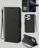 Black Leather Wallet Card Holder Flip Cover Leather Wallet Phone Case With Lanyard Strap Compatible