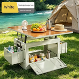 Customizable Height-Adjustable Multi-Functional Outdoor Storage Box with Liftable Tabletop, Foldable Patio Deck Box with Side Drawers, Waterproof All-Weather Resin Storage Chest, Suitable for Camping, Backyard, Picnics, Lightweight and Portable