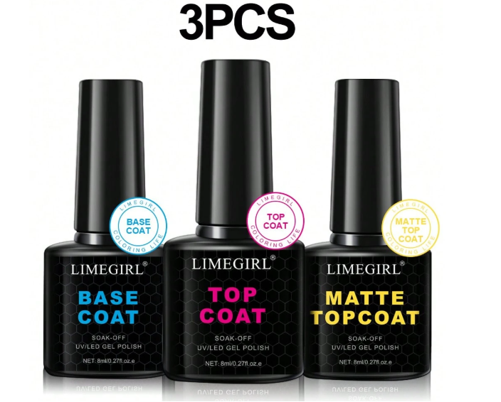 LIMEGIRL 3pcs Gel Nail Polish Set, No Wipe Gel Top Coat And Matte Base Coat, Soak-Off UV LED Gel Nail Polish, Suitable For Home Manicure And Salon, Long-Lasting And Transparent Gel Nail Kit