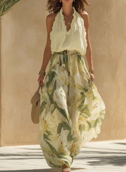 Women's Floral Print Halter Top And Loose Pants 2-Piece Set, Elegant Casual Vacation Outfit Summer