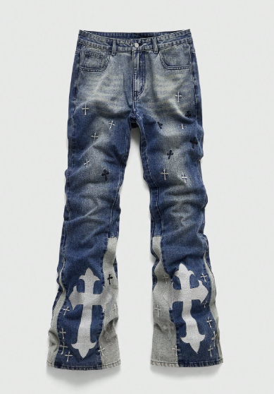 ROMWE MEN Spring Casual Graphic Men'S Casual Fashion Street Cross Pattern Washed Flared Jeans