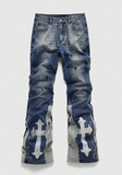 ROMWE MEN Spring Casual Graphic Men'S Casual Fashion Street Cross Pattern Washed Flared Jeans