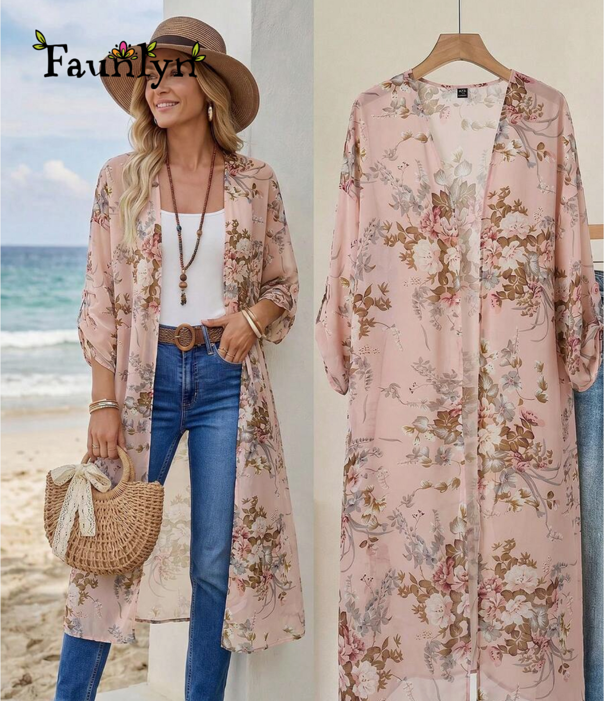 Faunlyn Women's Casual Boho Floral Print Long Regular Fit Jacket Ocean Beach Soft Pink
