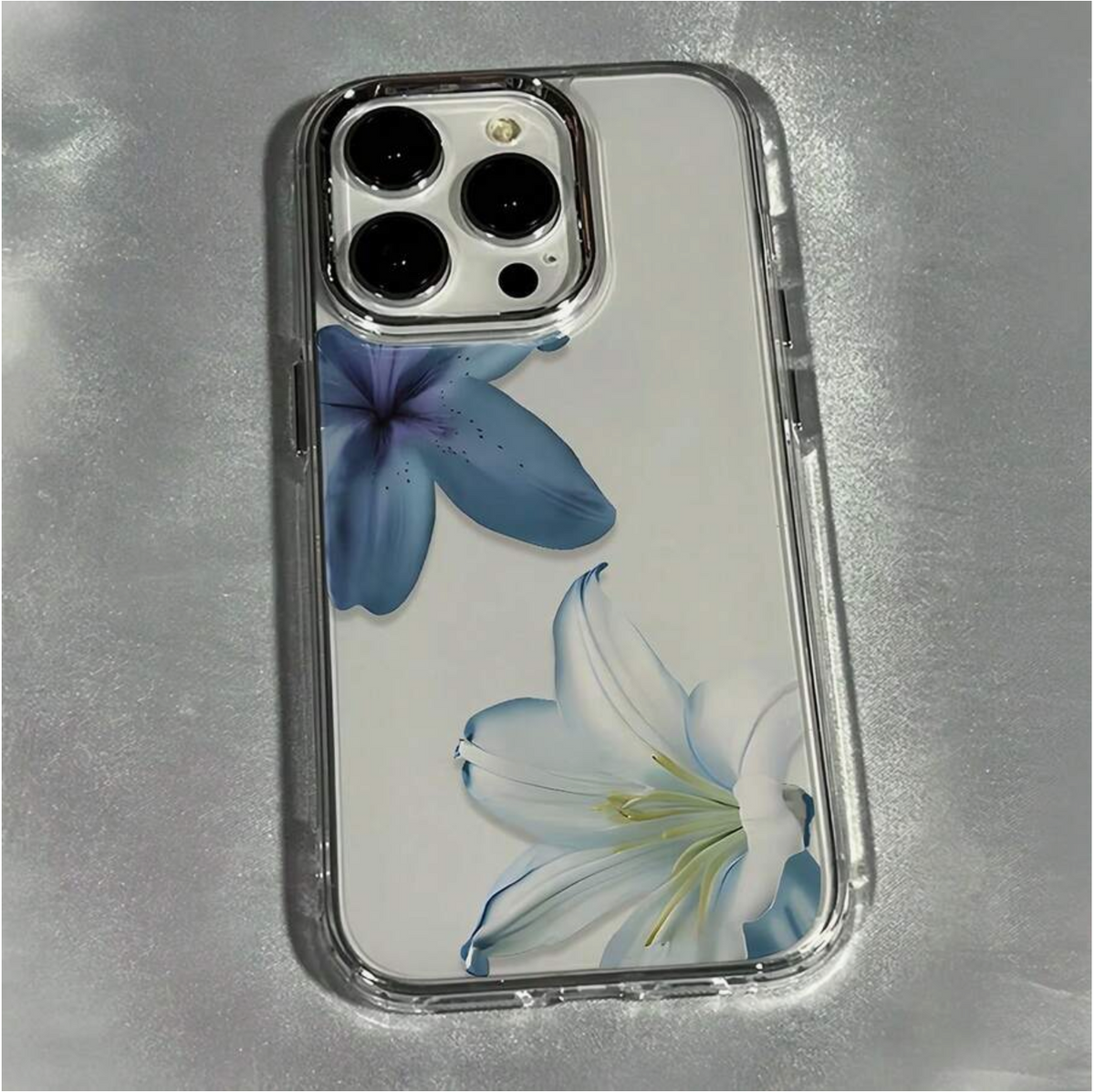1pc Transparent Minimalist Lens Protector Case, 3pcs Blue Floral Pattern Phone Cases,