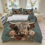 Aqua Green Soft Skin-Friendly Breathable Bedding, Printed with Three-Headed Highland Cows And Floral Patterns, 1pc Duvet Cover And 2pcs Pillowcases