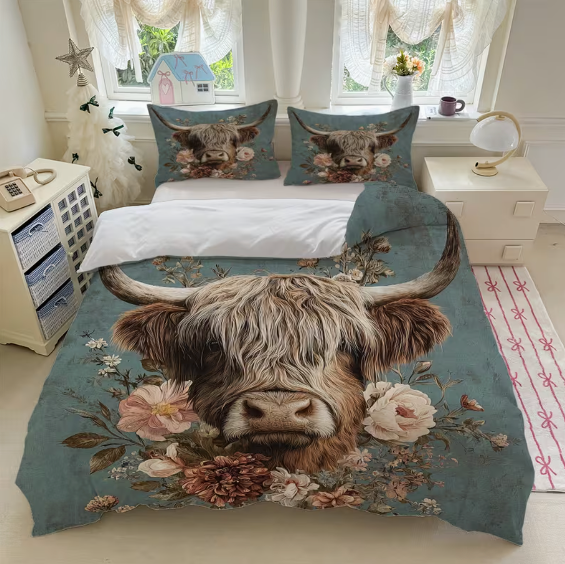 Aqua Green Soft Skin-Friendly Breathable Bedding, Printed with Three-Headed Highland Cows And Floral Patterns, 1pc Duvet Cover And 2pcs Pillowcases