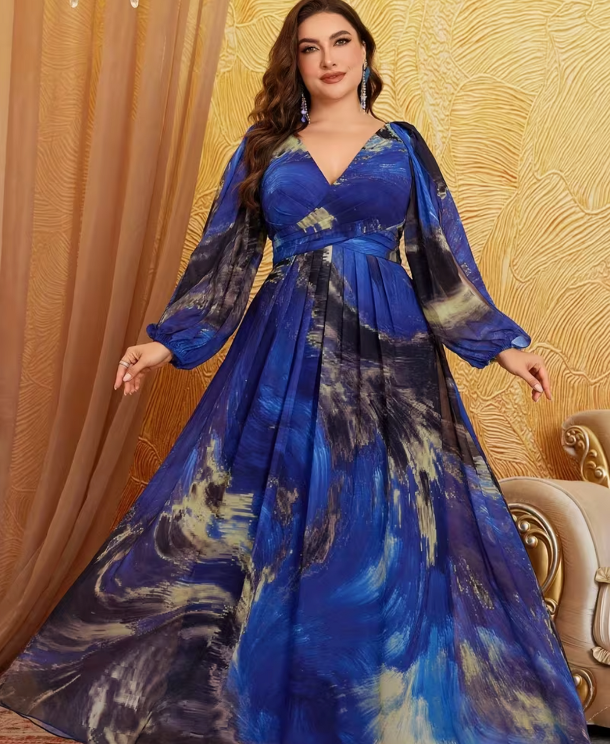 Plus Size, Plus Size Women's Elegant V-Neck Cross Front Ruching Long Sleeve Chiffon Dress