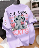Teenage Girls' Cartoon Cat & Heart Print Round Neck Short Sleeve T-Shirt,