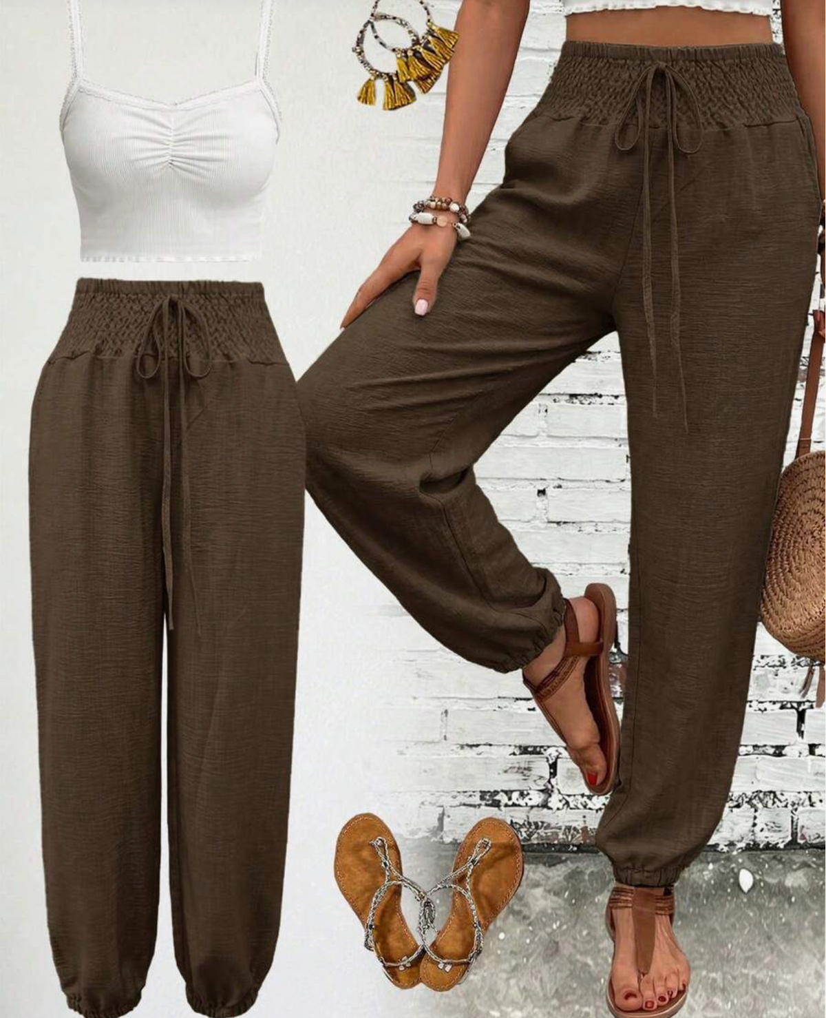 Women's Fashion Commute Solid Color Faux Linen Shirred Waist Tie Pocket Long Pants
