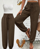 Women's Fashion Commute Solid Color Faux Linen Shirred Waist Tie Pocket Long Pants