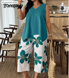 Breezaya Casual Vacation Style Sleeveless Plus Size 2 Pieces Set With Floral Patchwork