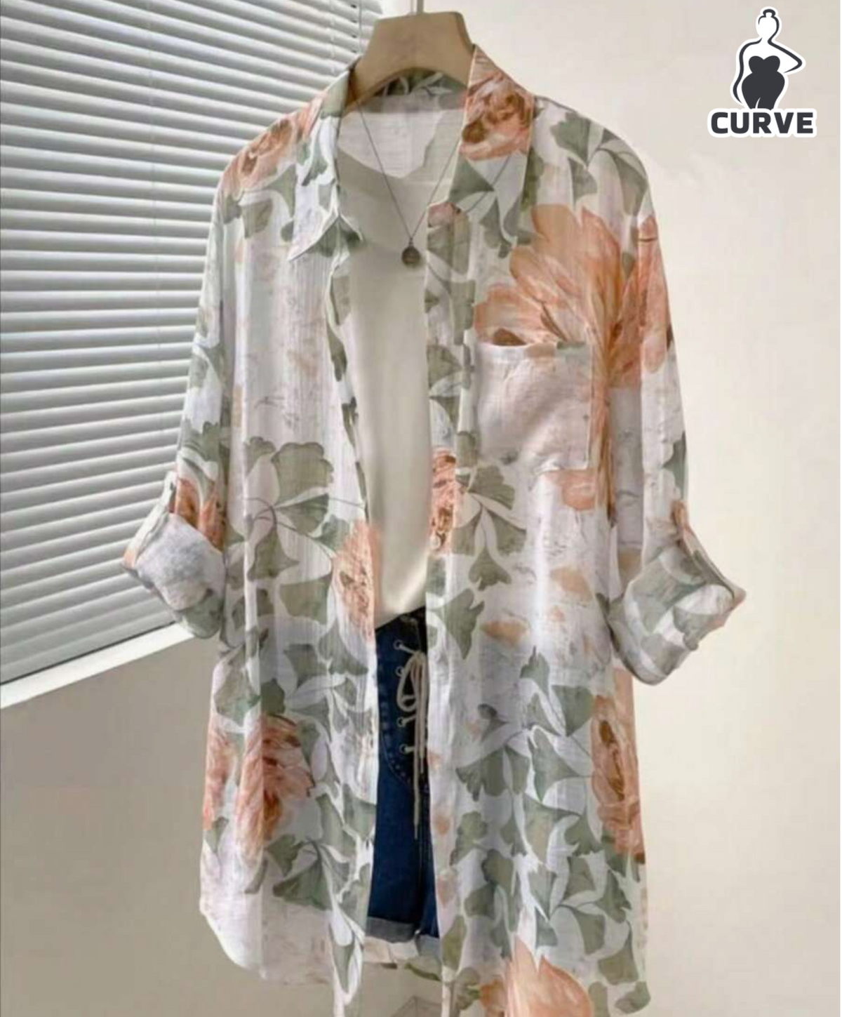 Plus Size Women Floral Print Roll Up Sleeve Shirt, Plus Size Pocket Blouse