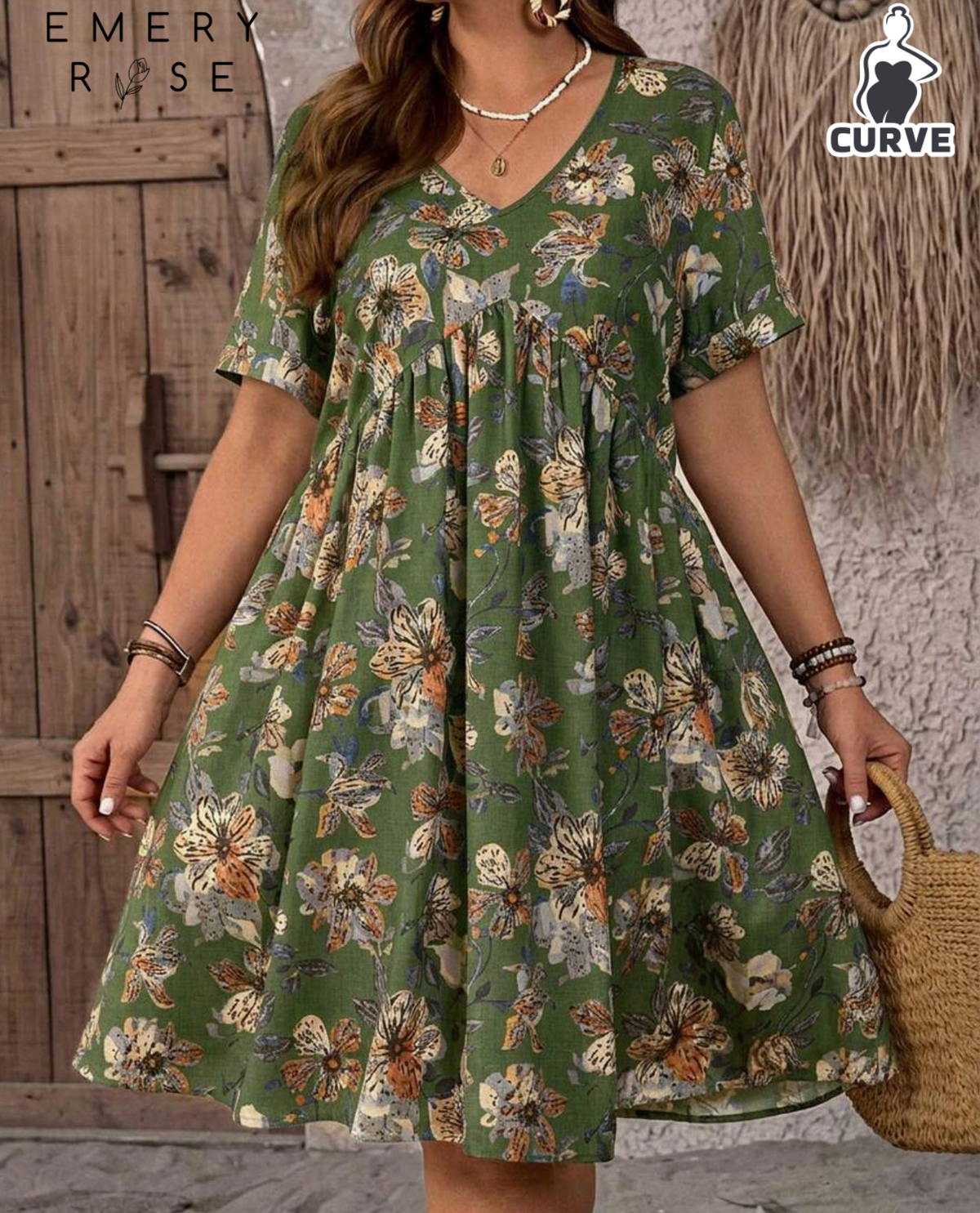 EMERY ROSE Plus Size Women's Summer Boho Green Floral Print Dress,