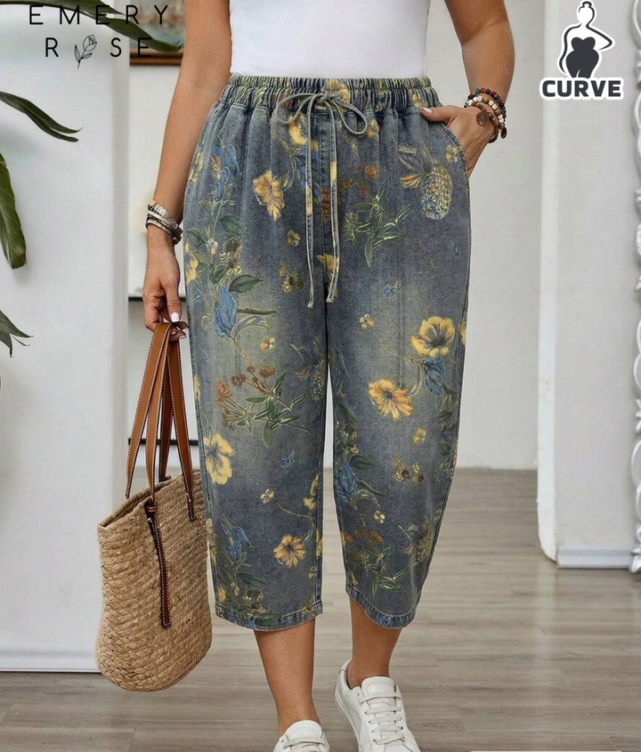 EMERY ROSE EMERY ROSE Plus Size Women Floral Print Drawstring Waist Pockets Denim Capri Pants