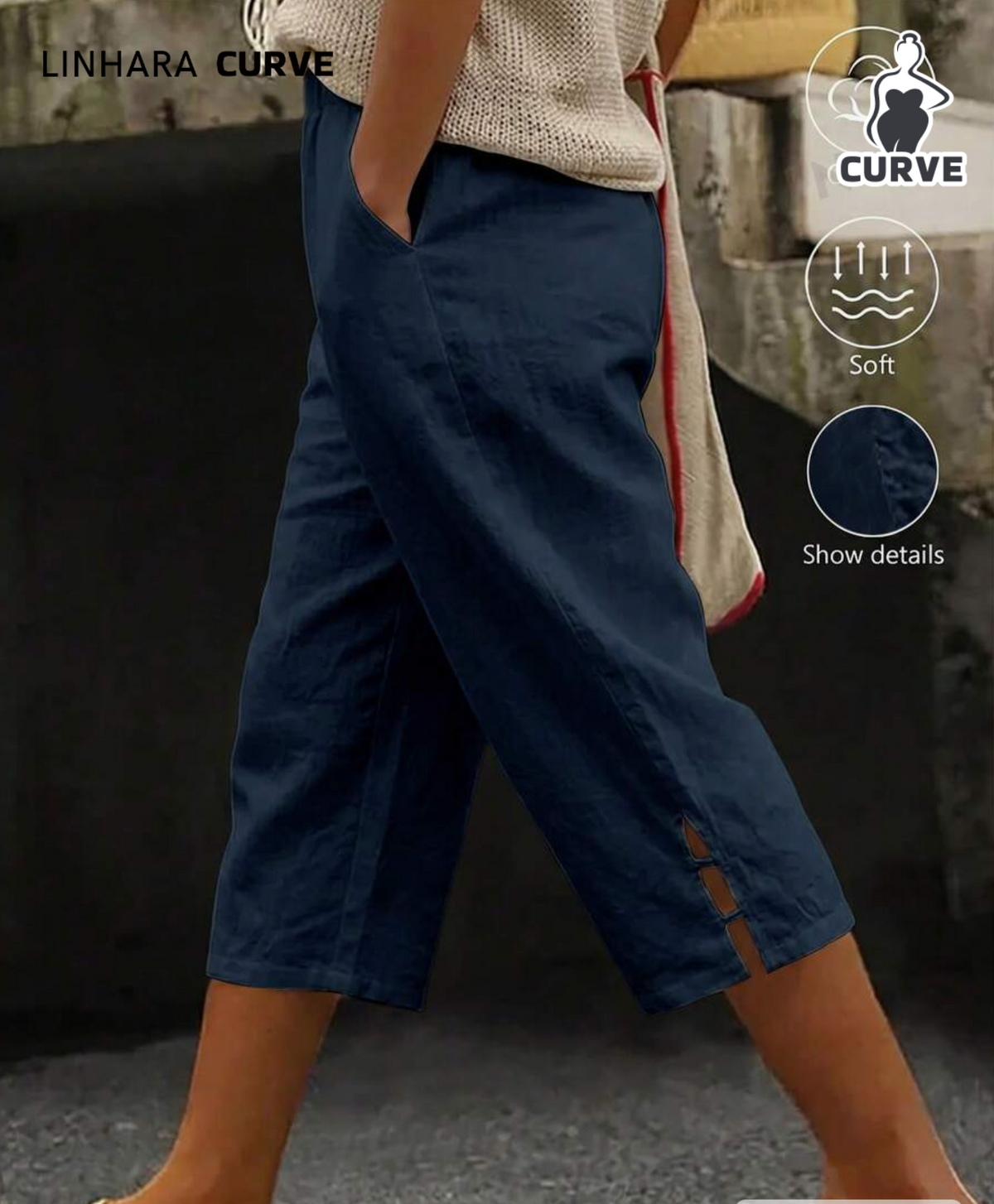Linhara CURVE Plus Size Women's Cotton Capris With Tie-Up Hem And Pockets
