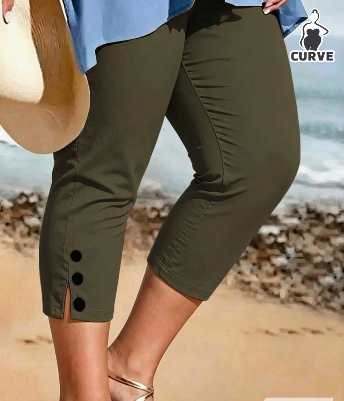 SHEIN LUNE CURVE Summer High-Waisted Elastic Black Capris (Also Called Mid-Length Pants