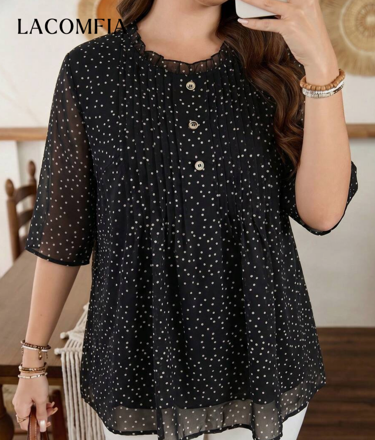 Lacomfia Plus Size Women Loose Chiffon Printed Blouse, Front Stripe Detail,