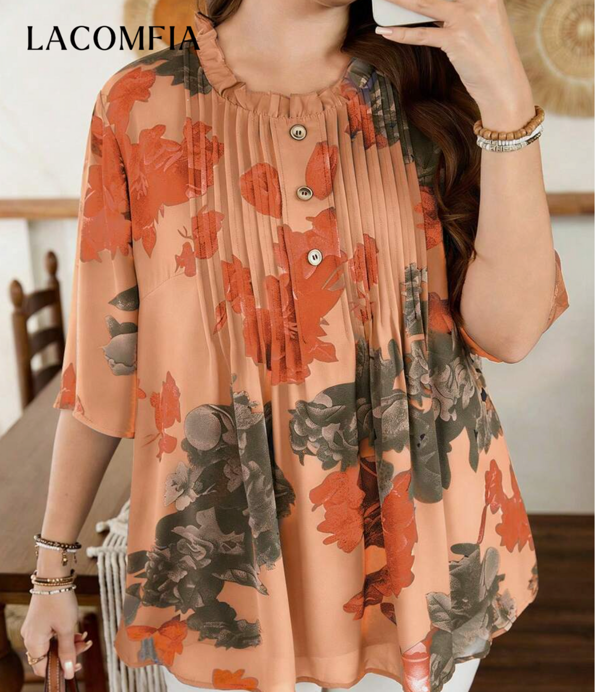 Lacomfia Plus Size Women Loose Chiffon Printed Blouse, Front Stripe Detail,