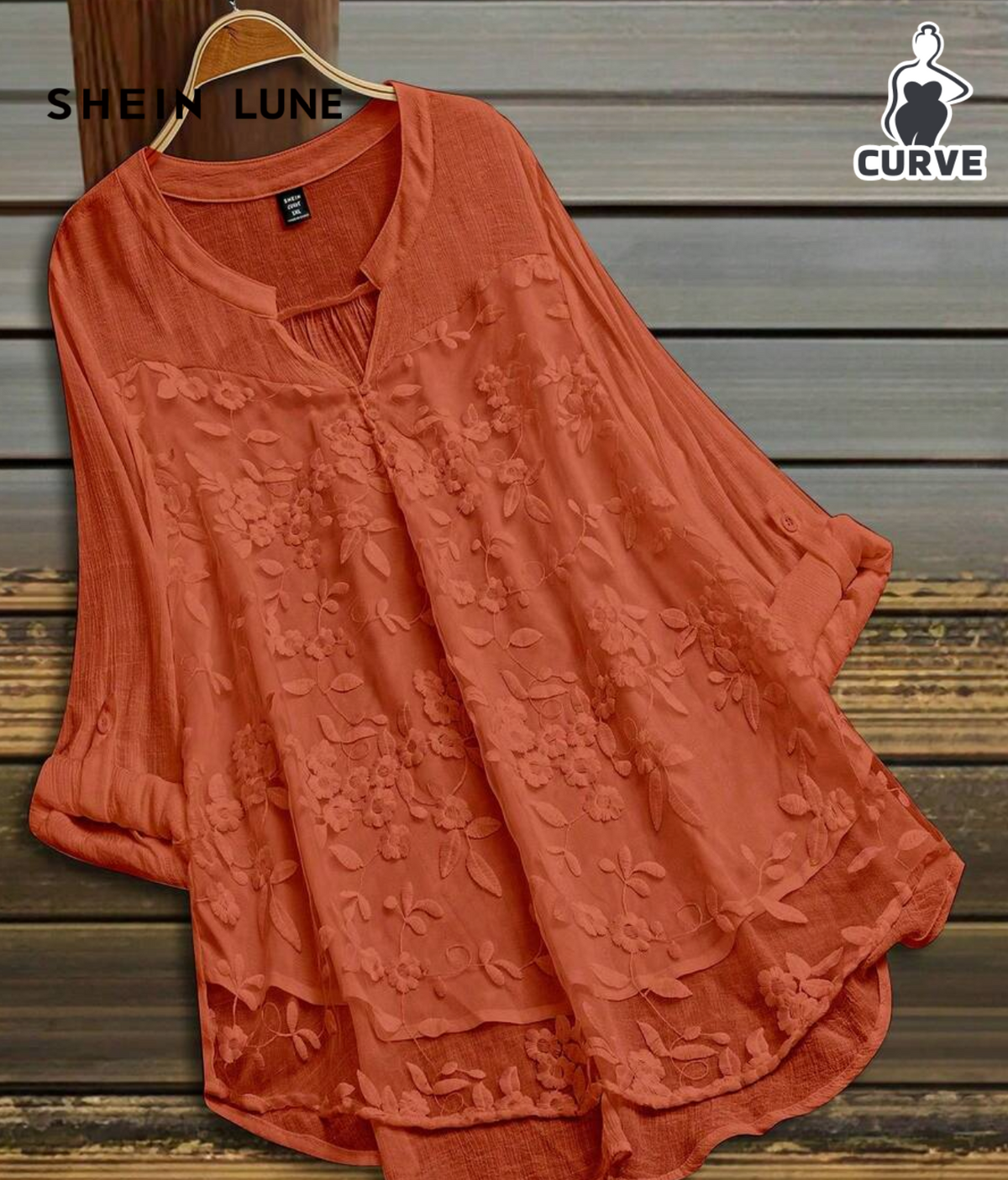 SHEIN LUNE Plus Size Women's Embroidered Notched V-Neck Rolled Sleeve Casual Shirt Fall