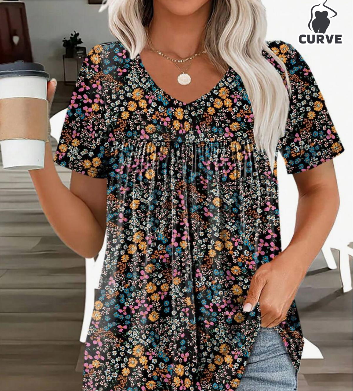 Plus Size Women Fashion Ditsy Floral Pleated V-Neck Short Sleeve Casual T-Shirt