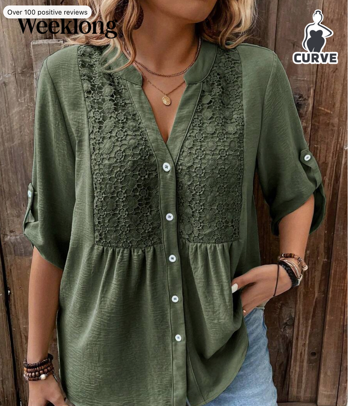 Weeklong Plus Size V-Neck Contrast Lace 3/4 Sleeve Casual Vacation Shirt