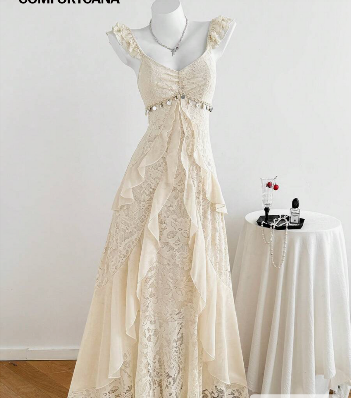 Comfortcana Women's Floral Lace Sweetheart Neck Cap Sleeve Elegant Lace Dress