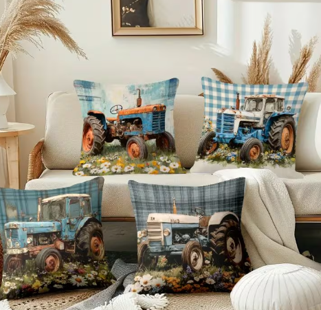 4pcs Rural Style Retro Agricultural Machinery Pillow Cover, Retro Tractor Pillowcase, Decorative Cushion Cover for Living Room, Household, Bedroom, Living Room, Car and Sofa (excluding Pillow Core) Square Home Decorati