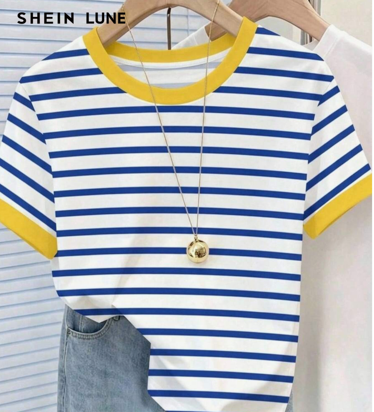 SHEIN LUNE Casual Striped Pattern Round Neck Short Sleeve Loose T-Shirt For Women,
