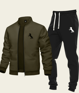 2pcs Men's Casual Tracksuit Set - Baseball Collar Zipper Jacket And Drawstring Ankle Pants With Galloping Horse Print, Fashionable Athleisure Design Suitable For Sports And Daily Wear