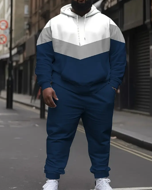 2pcs Men's Plus Size Casual Hoodie Tracksuit, Color Block Hooded Sweatshirt & Pant Set