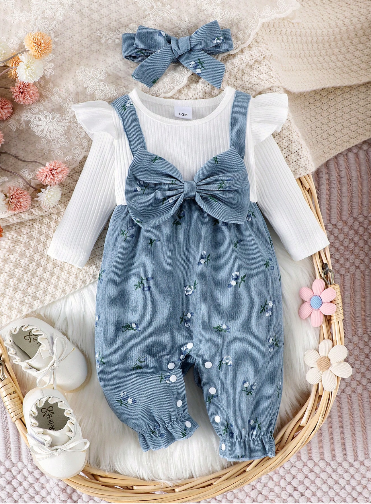 Baby Girl Ditsy Floral Jumpsuit With Bow Decor & Headband, Spring Autumn