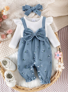 Baby Girl Ditsy Floral Jumpsuit With Bow Decor & Headband, Spring Autumn