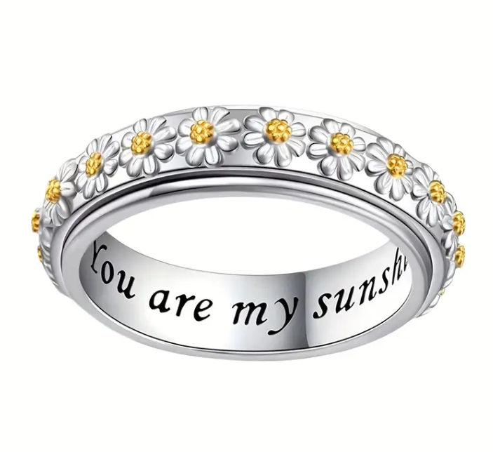 1pc 925 Silver Women'S Ring, Women'S Floral Band Ring with Colorful Enamel Accents, Cute Minimalist Style, Engraved 'You Are My Sunshine