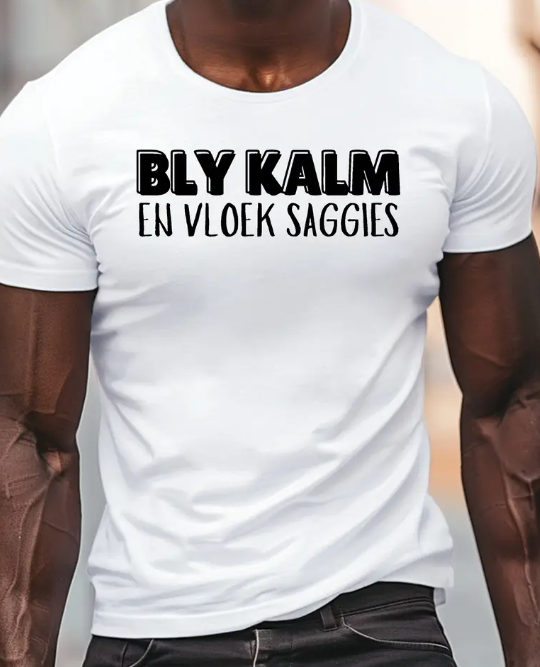 Men'S Funny Afrikaans Print T-Shirt - "Bly Kalm en Vloek Saggies" Humorous Design, Casual Crew Neck Short Sleeve Tee