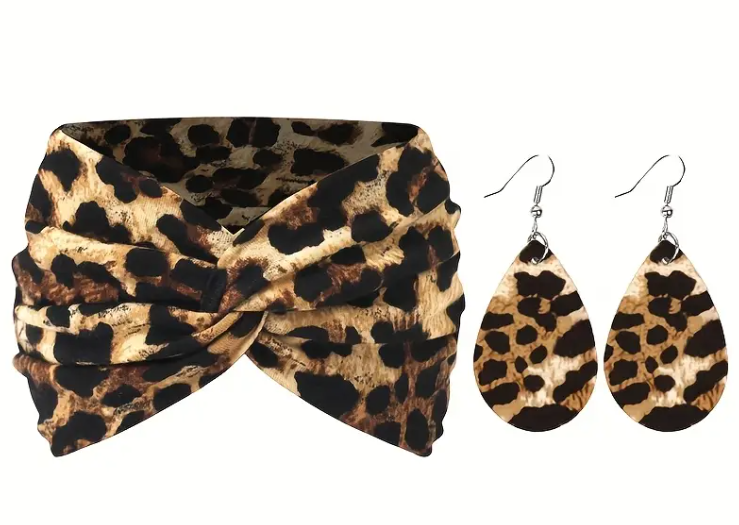 Bohemian Style Headband and Earrings Set - 2pcs, Polyester Boho Wide Printed Cross Knot Hairbands with Matching Earrings, Breathable, High Elastic, Washable, Lightweight, Daily Use Headband Sets for Women - Multiple Patterns Available