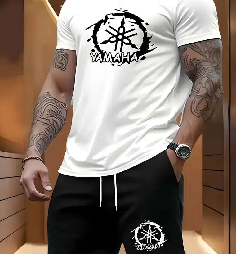 Men'S Casual Summer T-Shirt with Yamaha Motorcycle Print, White Short Sleeve Tee, Regular Fit, Crew Neck, Lightweight Polyester Blend, Perfect for Weekend Outings, Motorcycle T Shirt